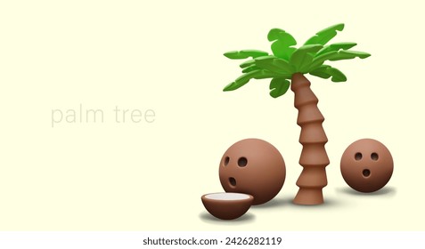 3D palm tree and coconuts in cartoon style. Vector scene on yellow background