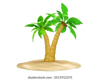 3d palm tree on summer beach island icon vector. Jungle weekend vacation trip design. Hawaii nature element with sand, leaf, coconut and exotic plant. Plasticine style summertime minimal clipart