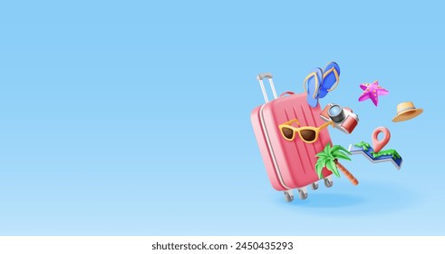 3d palm tree, travel bag, globe and photo camera. Render sunglasses, suitcase and planet earth. Travel element. Holiday or vacation. Transportation concept. Vector illustration