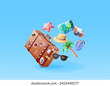 3d palm tree, travel bag, globe and photo camera. Render sunglasses, suitcase and planet earth. Travel element. Holiday or vacation. Transportation concept. Vector illustration