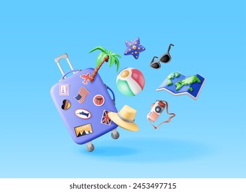 Palmera 3d, bolsa de viaje, globo y cámara de fotos. Render gafas de sol, maleta y planeta tierra. Elemento de viaje. Festiva o vacaciones. Concepto de Transporte. Ilustración vectorial