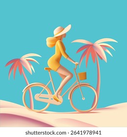 3D palm trees, beach, girl on a bicycle. Sunny day, active lifestyle, vacation, resort. Modern banner. Vector illustration.