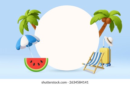 3D palm trees, umbrella, watermelon, suitcase, deck chair, and blank circle for text space. 3d rendering. Vector illustration