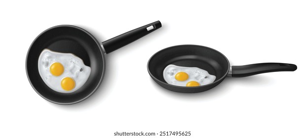 3d pan with frying egg. Cooking breakfast vector. Realistic skillet with hot omelette top view design. Delicious homemade omelet prepare process with detailed texture for cafe menu illustration