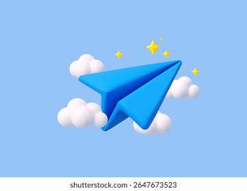 3d paper airplane with clouds Concept Online social network. Business communication applications. Marketing concept. Modern trendy design. 3d rendering. Vector illustration