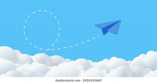 3d paper airplane with clouds Minimal cartoon cute smooth. creative vision leadership concept. Modern trendy design. 3d rendering. Vector illustration