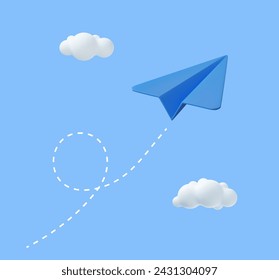 3d paper airplane with clouds Minimal cartoon cute smooth. creative vision leadership concept. Modern trendy design. 3d rendering. Vector illustration