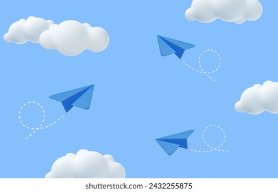 3d paper airplane with clouds Minimal cartoon cute smooth. Modern trendy design. 3d rendering. Vector illustration