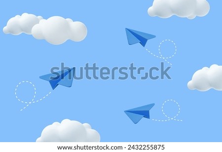 3d paper airplane with clouds Minimal cartoon cute smooth. Modern trendy design. 3d rendering. Vector illustration