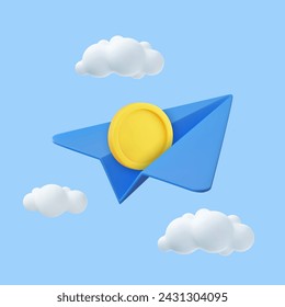 3d paper airplane and coins with clouds Minimal cartoon cute smooth. creative vision leadership concept. Modern trendy design. business finance investment. 3d rendering. Vector illustration