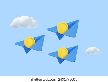 Avión de papel 3d y monedas con nubes Dibujo minimalista lindo suave. concepto de liderazgo de visión creativa. Diseño moderno de moda. inversión financiera de negocios. renderizado 3d. Ilustración de vector