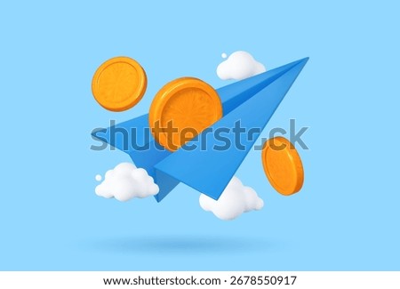 3D paper airplane with coins and clouds. Minimal cartoon smooth style. Business finance and investment concept illustration.