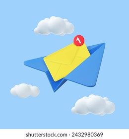 3D Paper Airplane with Envelope. New message concept. Sent letter by email. Online social media marketing. Subscribe to newsletter. 3D Rendering. Vector illustration