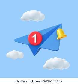 Icono de avión de papel 3D. Plantilla de banner para viajes con aviones y nubes. Enviar concepto de mensaje. Correo electrónico con la notificación de Bell aislado sobre fondo azul. Procesamiento 3D. Ilustración de vector