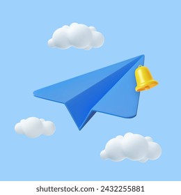 3D Paper Airplane icon. Banner template for travel with aircraft and clouds. Send message concept. Email with Bell notification isolated on blue background. 3D Rendering. Vector illustration