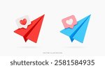 3D Paper airplane with like button. Social media notification, share and comment. Send message. Online communication. Emoji icon set. Cartoon design icons isolated on white. 3D Vector illustration