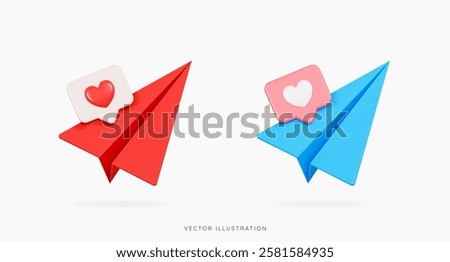 3D Paper airplane with like button. Social media notification, share and comment. Send message. Online communication. Emoji icon set. Cartoon design icons isolated on white. 3D Vector illustration