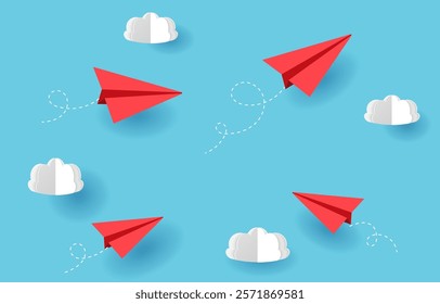   3d paper airplanes fly in the sky with paper cut clouds,  vector illustration. Background, banner concept. Red planes in the air