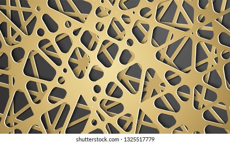 3D Paper Arabic pattern background. Geometrical gold lines, hi-tech, hipster. Textured ornamental banner architectural structure. Futuristic techno texture. Islamic ornament motif. Vector Illustration