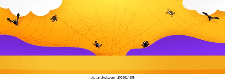 3d Paper art abstract minimal geometric shape template background.Halloween background design with product display.Vector illustration.
