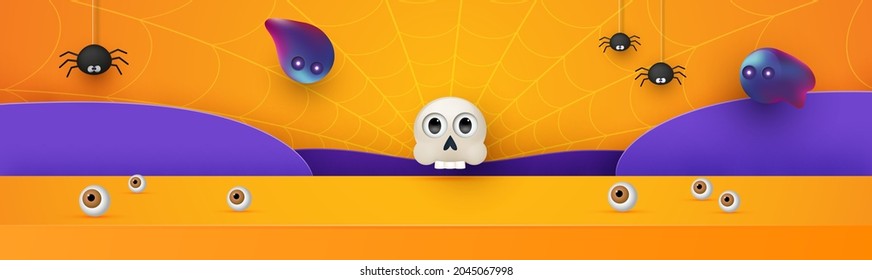 3d paper art abstract minimal geometric shape pattern background. Halloween background design with product display. Spiders and bats. Vector illustration.