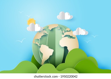 3d Paper art abstract template background.Green earth with mountains, clouds and sun on blue sky.Vector illustration.