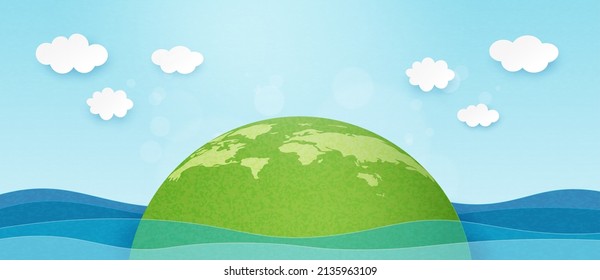 3d Paper art abstract template background.Green earth with ocean wave and clouds on blue sky.Happy Earth Day and World Environment Day.Vector illustration.