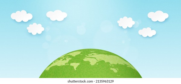 3d Paper art abstract template background.Green earth with clouds on blue sky.Happy Earth Day and World Environment Day.Vector illustration.