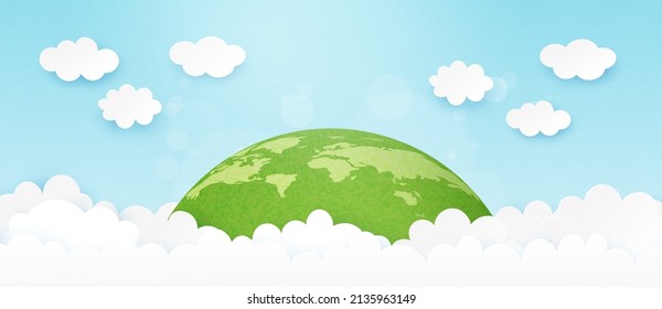 3d Paper art abstract template background.Green earth clouds on blue sky.Happy Earth Day and World Environment Day.Vector illustration.