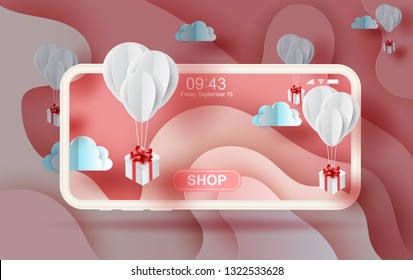 3D Paper art of Air white balloons gift floating on Abstract Curve shape pink sky background,valentine season concept.smartphone shopping online for festival holiday pastel color,vector.illustration