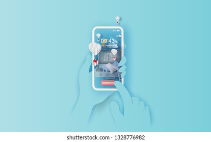 3D Paper art of bedroom in suitcase mobilephone hand concept your text space background.Illustration of idea design couch in bag.The moon at night.Beautiful shooting star light.balloon.vector EPS10