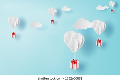 3D paper art and craft of balloon white floating on sky,Balloon with Gift Box Floating on air blue background,happy new years and merry Christmas,Festival enjoy concept,Color use pastel sweet vector