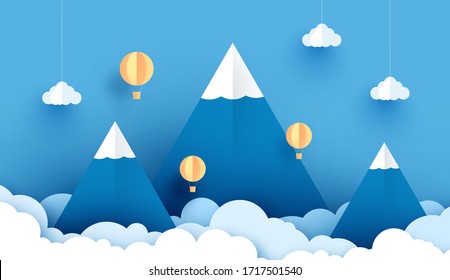 3D paper art and craft of balloon white floating on sky,Balloon with travel holiday Floating on air blue background, landscape snowy mountain.vector