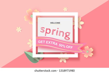 3D Paper art and craft of Floral rectangle frame with place for text. Spring season concept with flowers and balloon of pastel sweet tone color.Lovely flowers with colorful frame.vector illustration