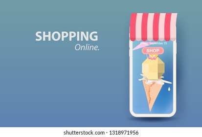 3D Paper art and craft of Ice cream vanilla cone melting for Mobile shopping online summer season concept your text space background vector.Facade of shop smartphone with colorful pastel background.