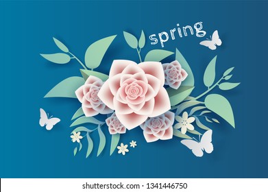 3D Paper art and craft of illustration flower and leaf decoration spring on placed text space background,Springtime season for card Environment concept,Creative idea paper cut style with card,vector