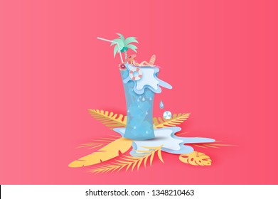 3D Paper art and craft of illustration Tropical summertime on Drink glass juice concept,Summer season Young women Sunbathing on juice splash,BY pastel colorful,creative paper cut background.vector