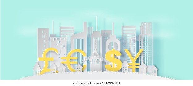 3d Paper art and craft style of cityscape and lanscape with business finance concept on blue pastel color background .International trading money exchange financial system concept.vector,illustration