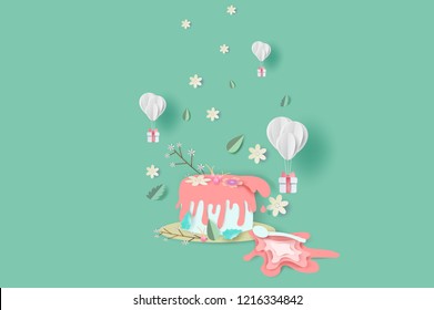 3D Paper Art And Craft Style Of Cake And  Bouquet Flowers,leaf On Disk Design Concept.Balloon Gift White Floating On Green Pastel Tone Background.Text Placed For Birthday Party.vector Illustration.