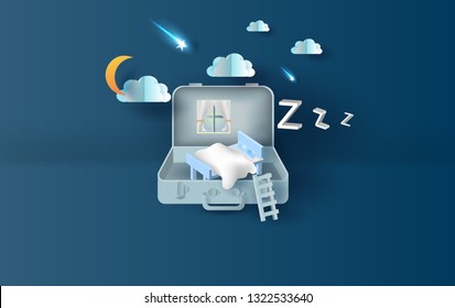 Diseño de papel 3D y estilo artesanal de dormitorio en maleta concepto de tu fondo de espacio de texto.Ilustración de diseño de ideas sofá en bolsa.La luna de noche. Tener una hermosa estrella de tiro light.shadow.vector.