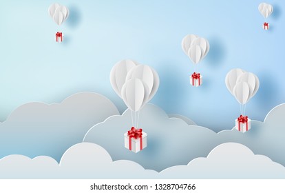 3D paper art and craft style of balloon white  floating and Gift Box on in the air blue sky.Your text space background vector.Festival decorations for card concept.Christmas,vector.design.illustration