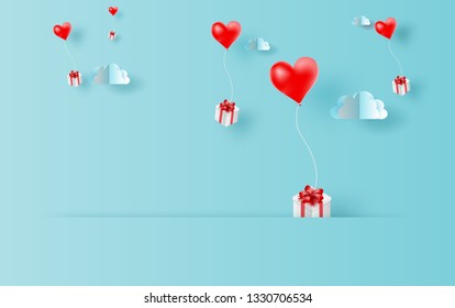 3D Paper art and craft style of red balloons heart gift floating in sky with landscape cloudscape view shadow scene place for your text space in travel holiday concept.Blue color pastel.vector.