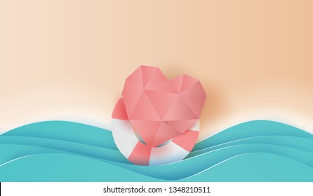 3D paper art and craft style of illustration on top view heart love in swim ring summer beach,summer time place your text space background,Creative design take care for healthy life concept vector