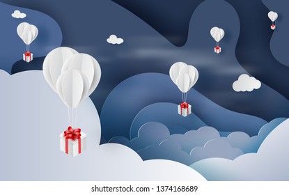 3D paper art and craft style of balloon white  floating and Gift Box on in the air night blue sky.Your text space background vector.Festival decorations for card concept.Christmas,vector.illustration