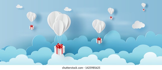 3D paper art and craft style of balloon white  floating and Gift Box on in the air blue sky.Your text space background vector.Festival decorations for card concept.Christmas,vector.illustration.EPS10