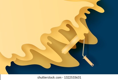 3D Paper art and craft of Vector roller brush with yellow paint for your text space background.banners and advertising .Isolated on blue wall marking color brush for art graphic design.illustration.