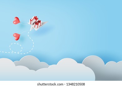 3D Paper art and craft of white paper airplanes with balloon and gift flying on blue sky and clouds, Creative design paper cut business success and leadership concept idea,pastel color,vector.EPS10