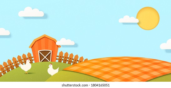 3d paper art farm scene on a summer day. Chicken in the farm with a barn in background on a sunny day