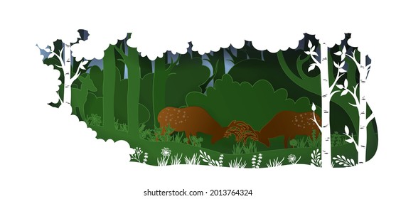 3D paper art forest landscape, with deer. Vector forest with trees and grass.