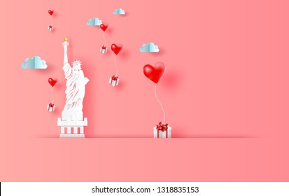 3D Paper art of Illustration of  red balloons heart gift floating in sky with landscape view shadow scene place for your text space in Statue of liberty new york USA,holiday concept vector